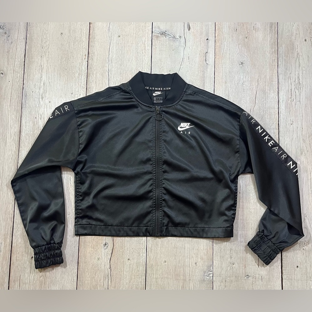 Nike Air Black Satin Bomber Jacket Womens Size XS Lightweight Sportswear Cropped